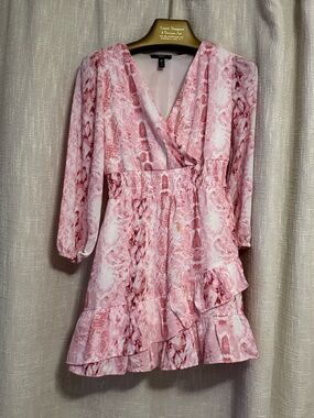 Aqua Pink Snake-Print Long Sleeve Ruffle Dress
